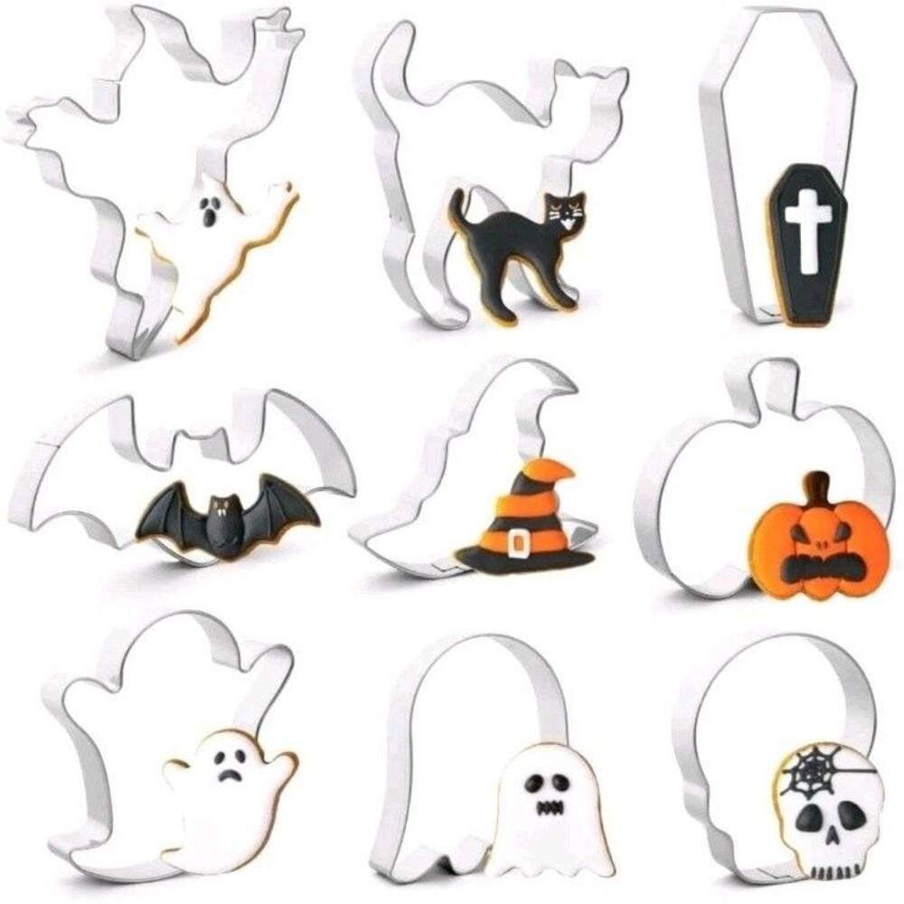 Halloween Cookie Cutters Set, 9 Piece Stainless Steel Metal Silver